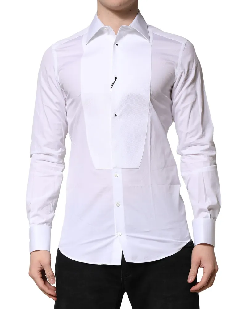 Dolce & Gabbana Men White Gold Crown Cotton Dress Formal Shirt White