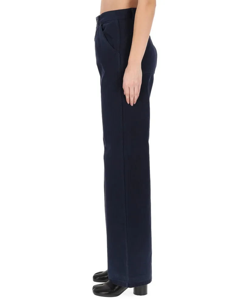 Maison Margiela Herringbone Cotton Wide Leg Trousers — Blue Blue