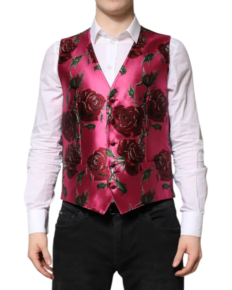 Dolce & Gabbana Pink Floral Satin Formal Men Waistcoat Vest Clothing Pink