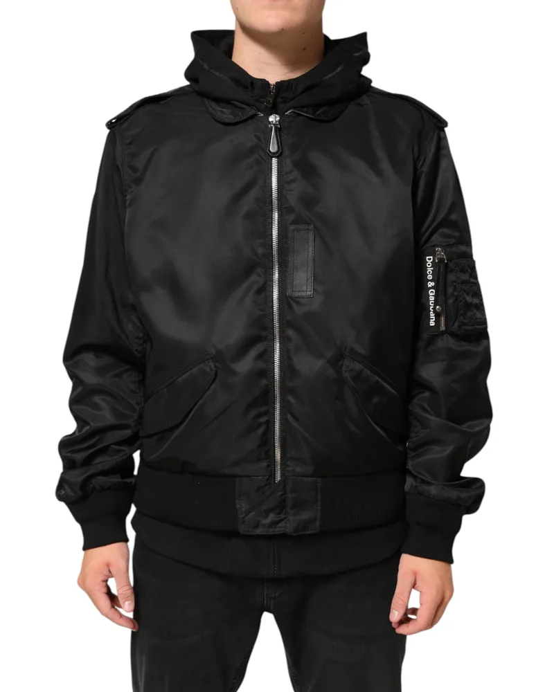 Dolce & Gabbana Men's Black Cotton Hooded Full Zip Bomber Jacket Co+pa Clothing Black