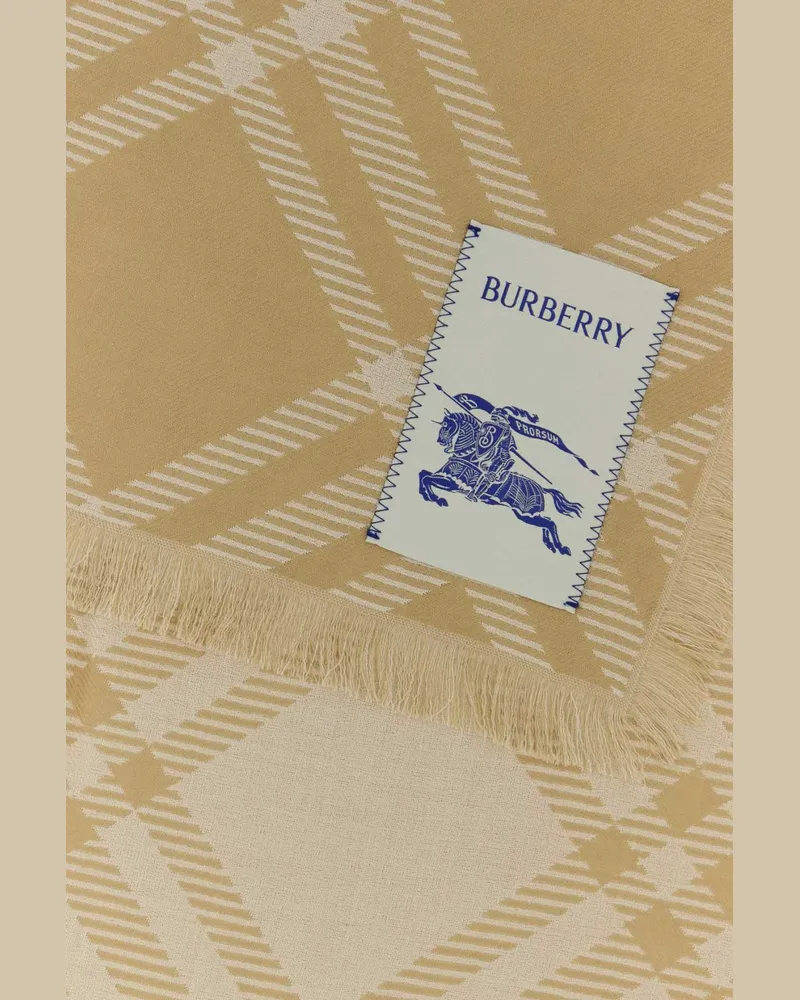 Burberry Unisex Embroidered Wool Blend Scarf Sandecru Mulberry Silk Sciarpe E Foulard Scarfs Beige