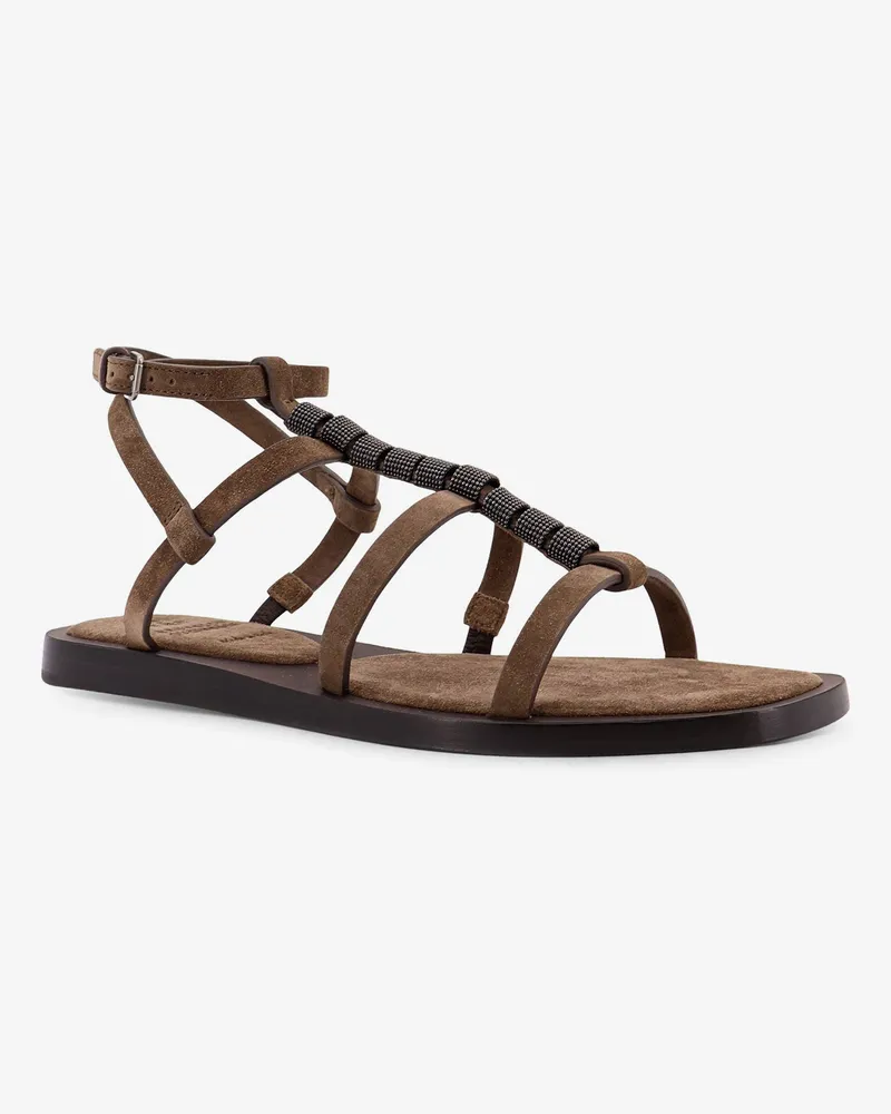 Brunello Cucinelli Women's Suede Sandals With Monili Details Brown Leather Brown