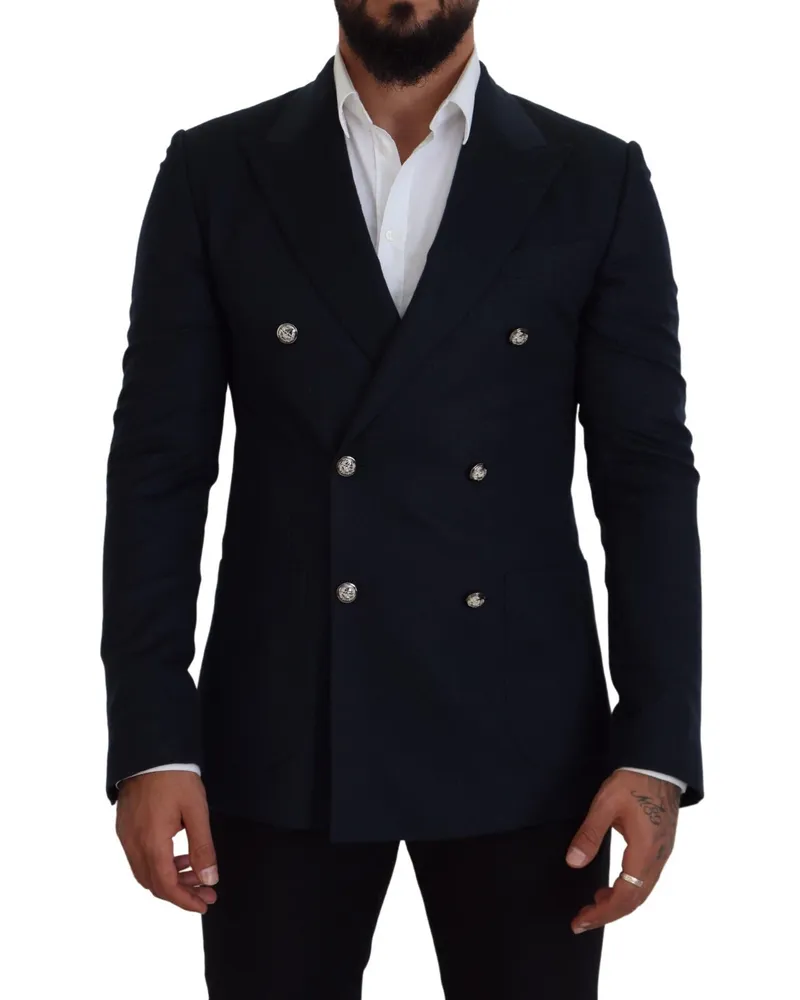 Dolce & Gabbana Men's Blue Double Breasted Formal Coat Blazer Cashmere Silk Clothing Navy