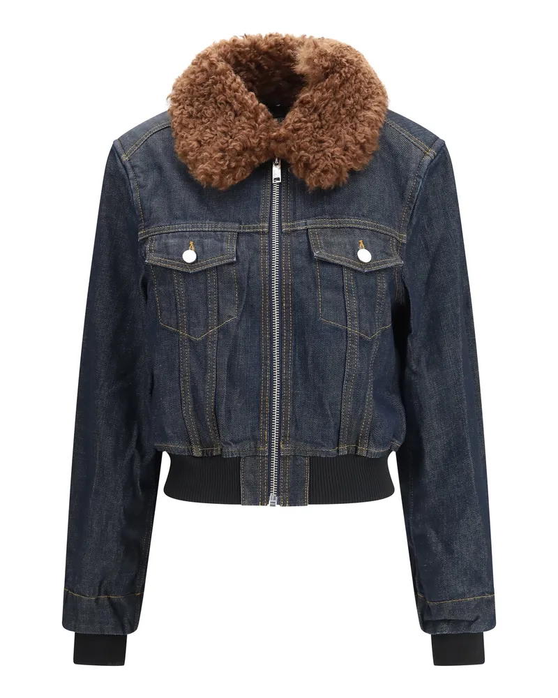 Ganni Detachable Shearling Collar Bomber Jacket — Blue Blue