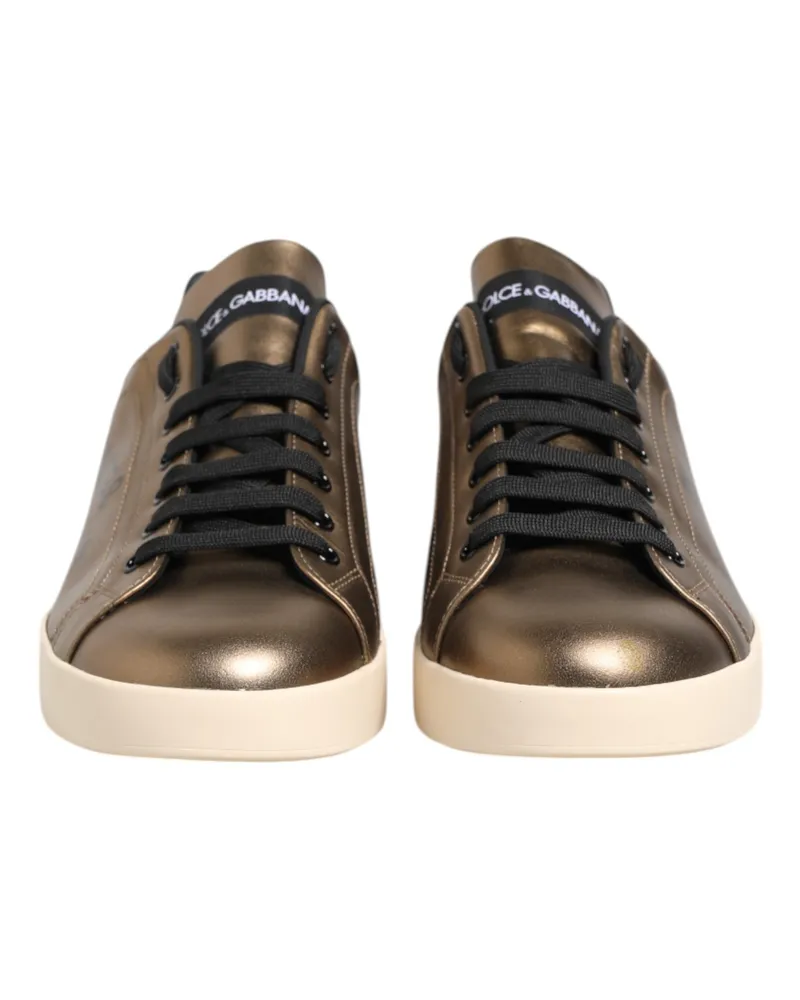 Dolce & Gabbana Men's Gold Portofino Calf Leather Sneakers Shoes Gold, Black Gold