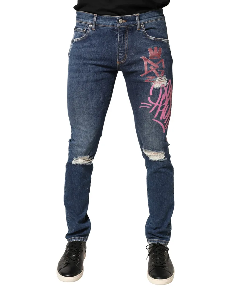 Dolce & Gabbana Men's Blue Distressed Graffiti Print Skinny Jeans Cotton Elastane Clothing Blue