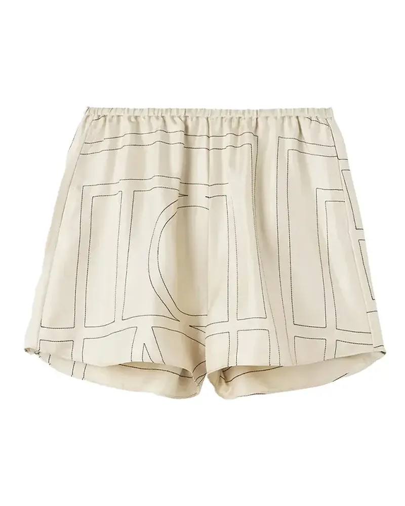 Totême Monogram-Embroidered Silk Shorts — Beige Beige