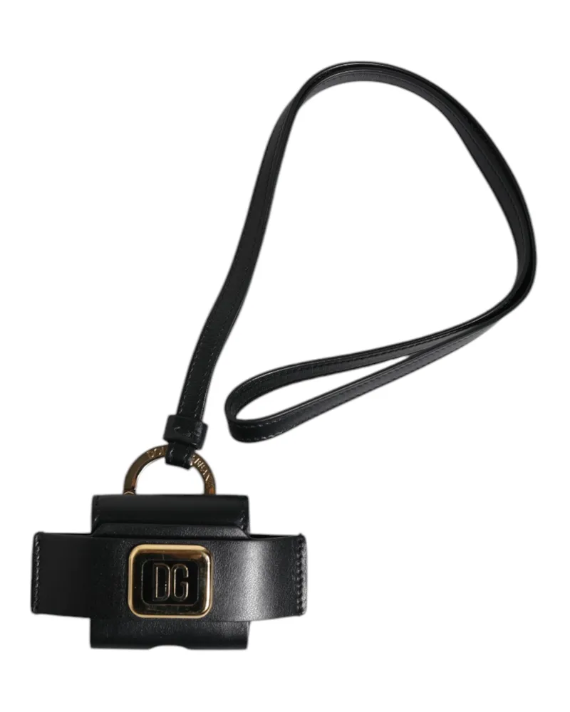 Dolce & Gabbana Men's Black Leather Strap Gold Metal Logo Plaque Airpods Case Accessory Black