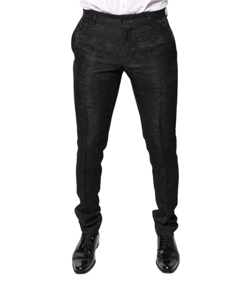 Dolce & Gabbana Men Black Floral Jacquard Mid Waist Dress Pants Acetate Polyester Nylon Black