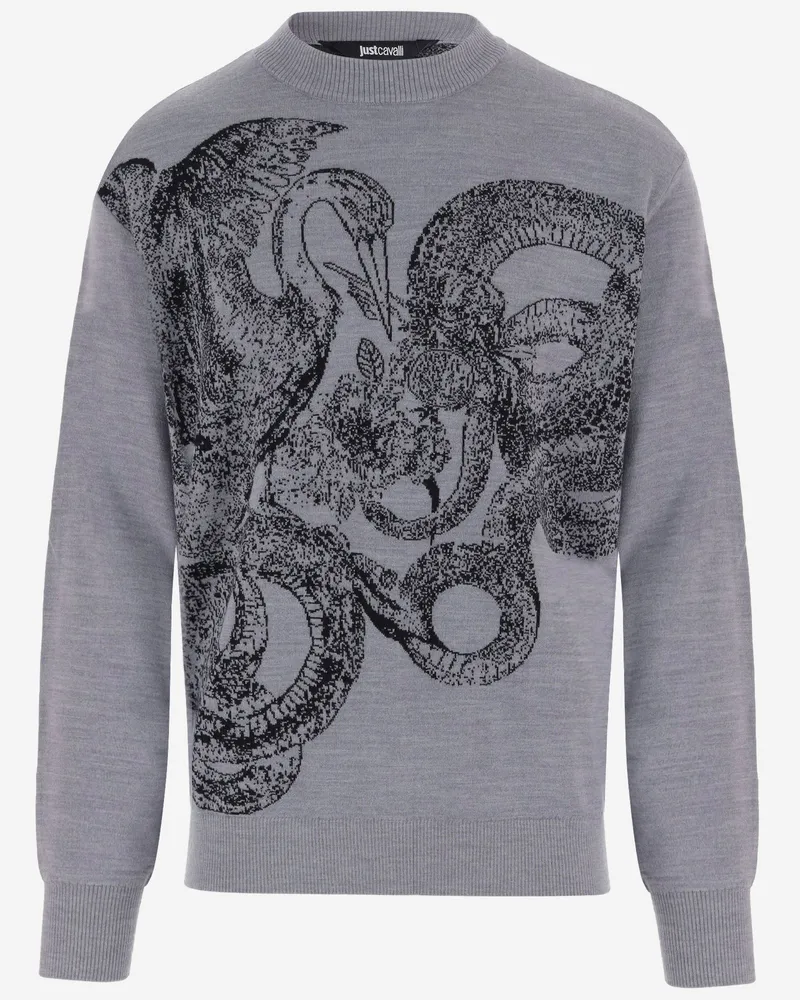 Just Cavalli Reptile-Graphic Wool-Blend Sweater — Gray Gray