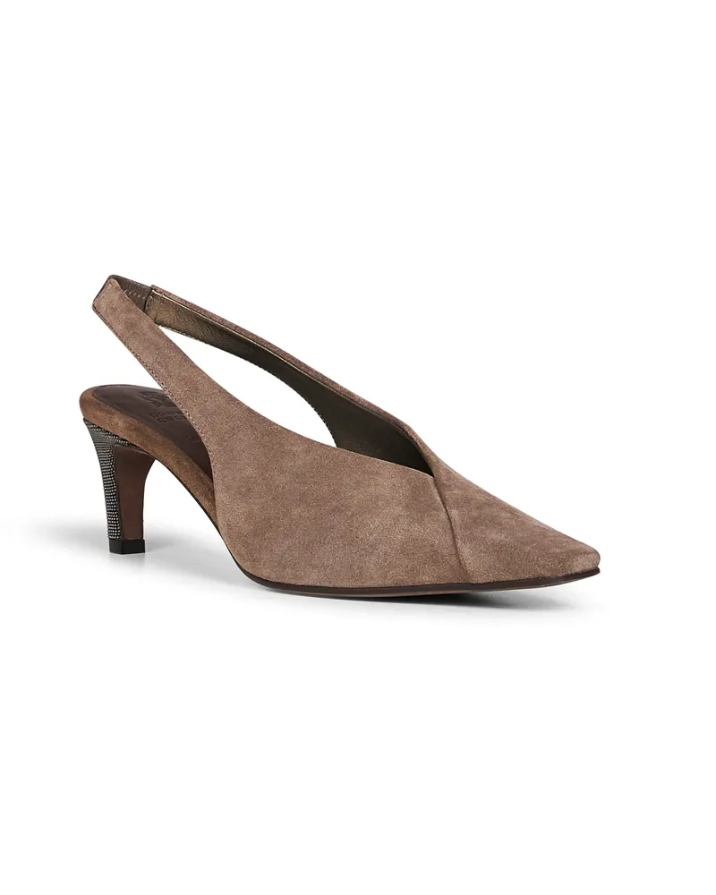 Brunello Cucinelli Women's Pumps City Slingback Brown Suede Leather High Heel Shoes Brown
