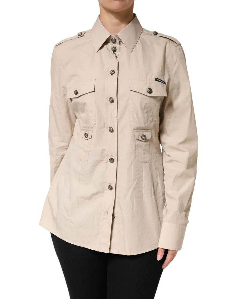 Dolce & Gabbana Women's Beige Collared Long Sleeve Cotton Shirt Top Brown Beige