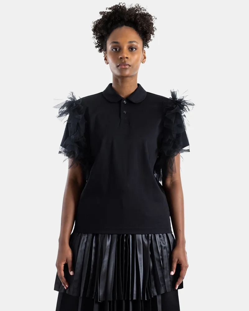 Noir Kei Ninomiya Women's Black Tulle Ruffle Polo Shirt T-Shirts And Polos Black