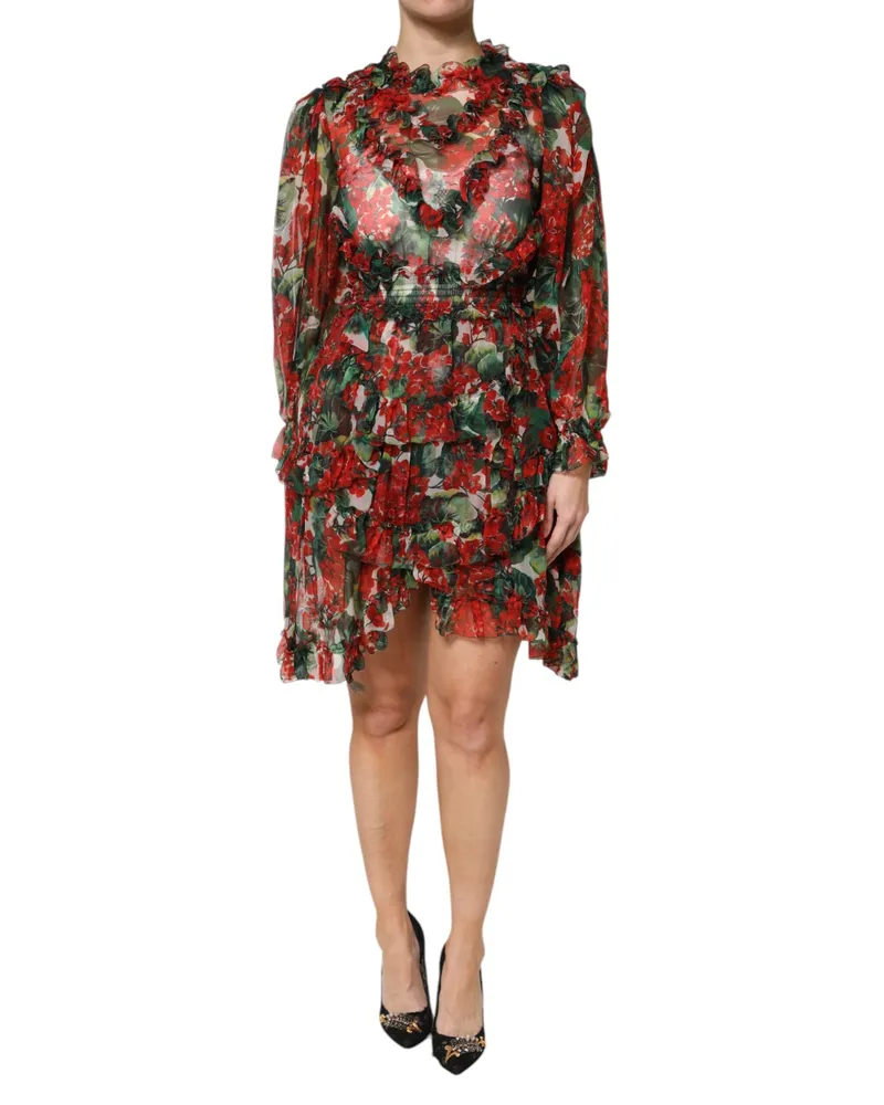 Dolce & Gabbana Women Multicolor Ruffle Floral Long Sleeves Dress Silk Multicolor