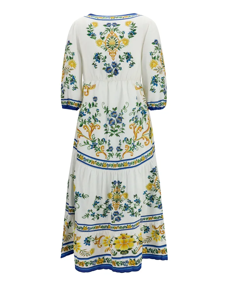FARM Rio Women's Emily Floral Print Midi Dress With Drawstring Tapestry Off W Linen; Viscose White