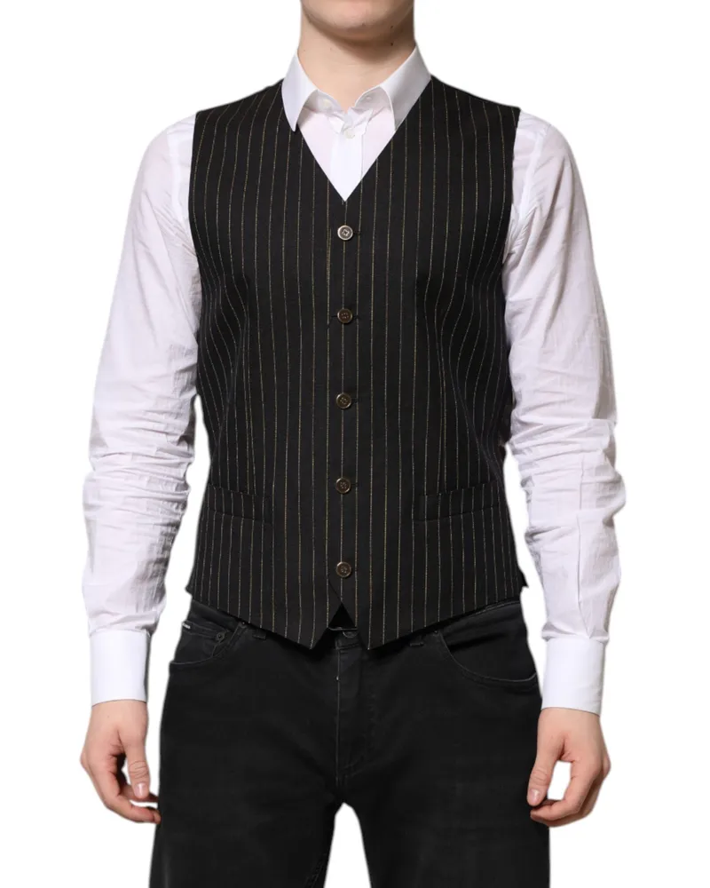 Dolce & Gabbana Black Stripes Wool Formal Men Waistcoat Vest Virgin Clothing Black