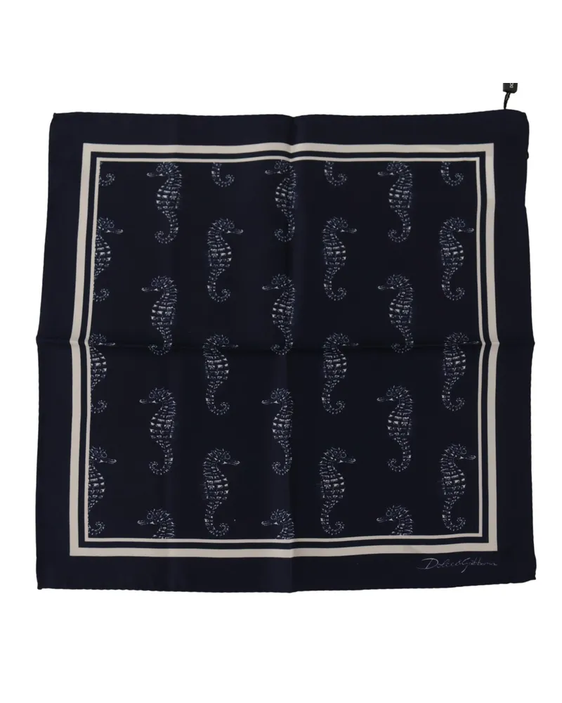 Dolce & Gabbana Men's Blue Seahorse Dg Printed Square Handkerchief Scarf Silk Navy