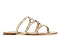 Women's Gold Leather Rockstud Slippers Skin Flat Shoes