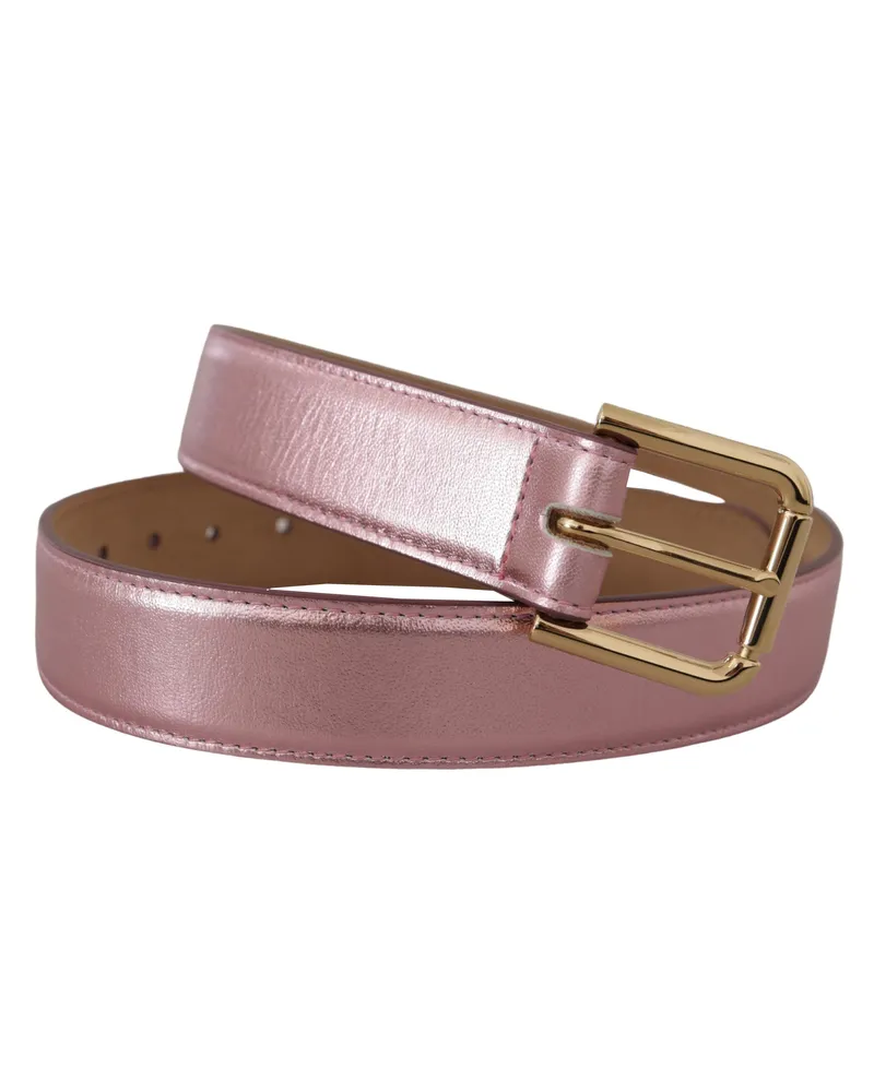 Dolce & Gabbana Women's Metallic Pink Polished Leather Logo Metal Buckle Belt Pink