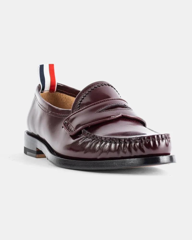 Thom Browne Women's Penny Varsity Burgundy Patent Leather Loafers Red Burgundy