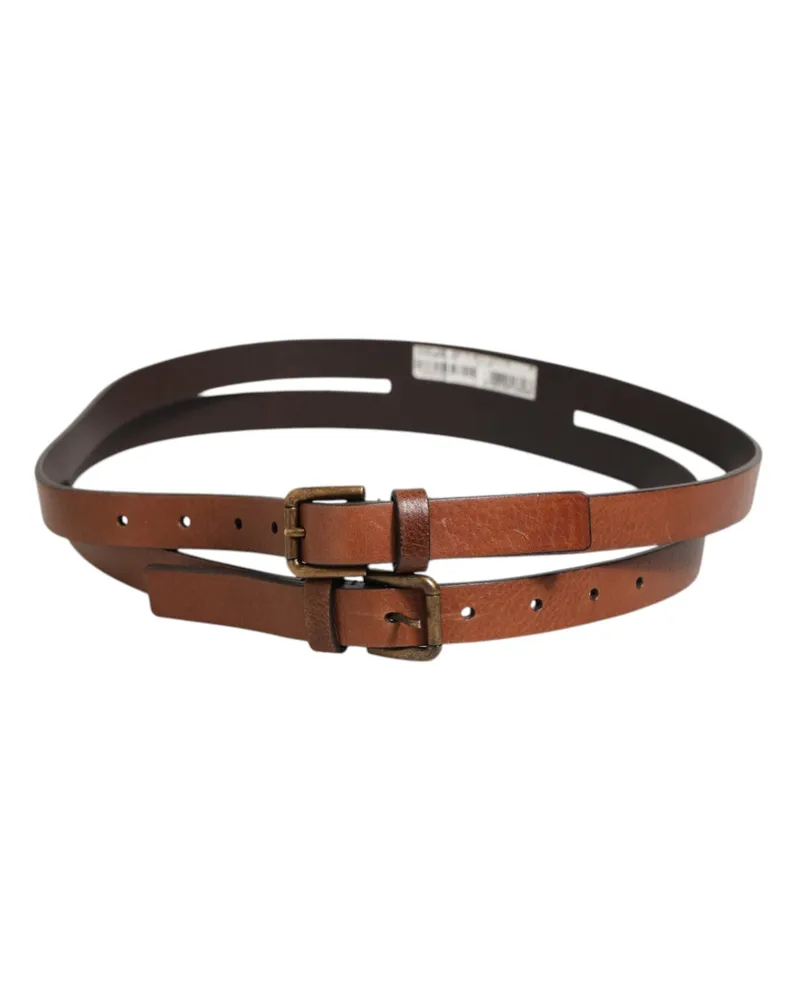 Dolce & Gabbana Men's Brown Double Strap Leather Gold Buckle Belt 100lf Brown