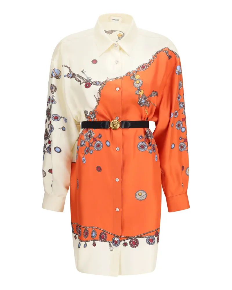 Versace Printed Silk Shirt Dress — Orange Orange