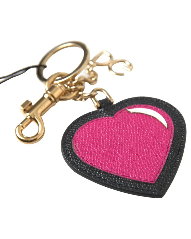 Dolce & Gabbana Women's Black Fuchsia Heart Leather Gold Metal Keyring Keychain Accessory Black
