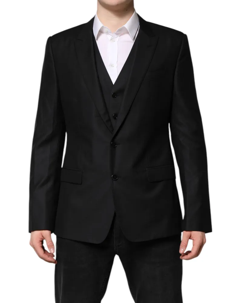 Dolce & Gabbana Men's Black Single Breasted Suit 2 Piece Jacket Virgin Wool Silk Black