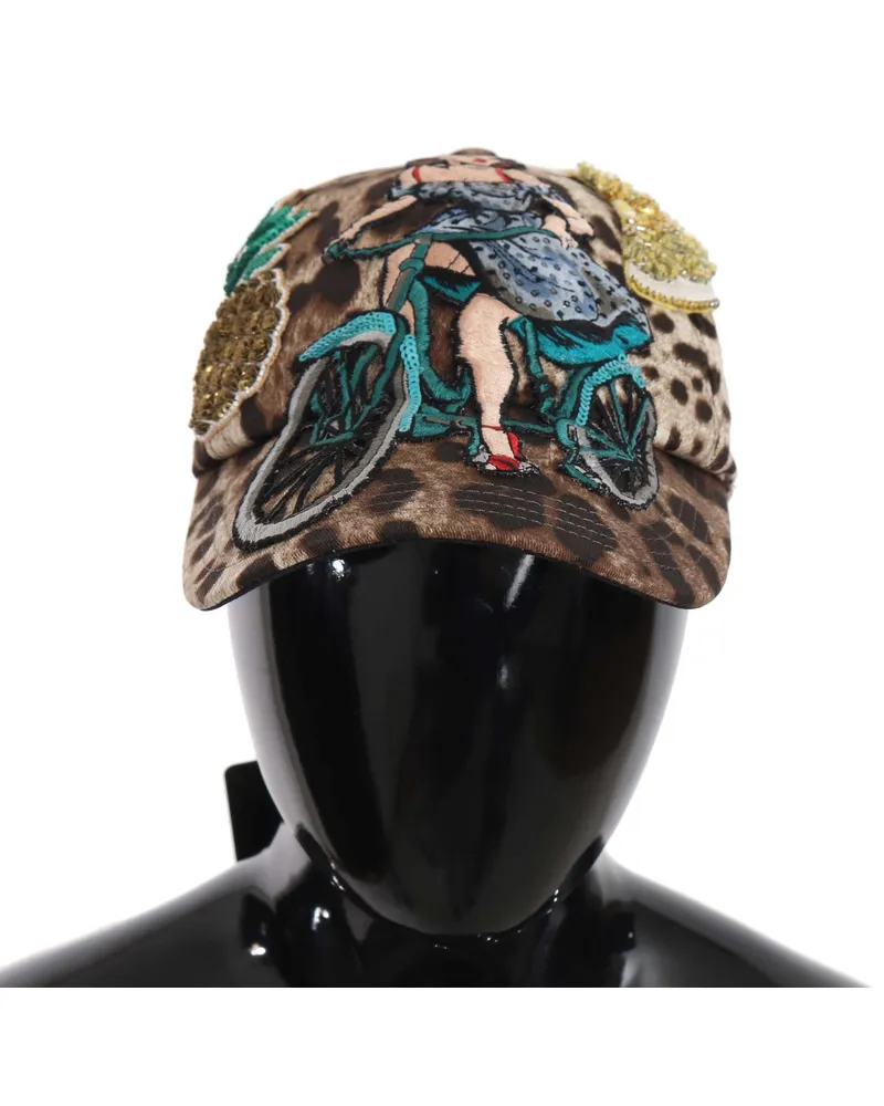 Dolce & Gabbana Women Brown Leopard Sequin Sicily Applique Baseball Hat Cotton Brown
