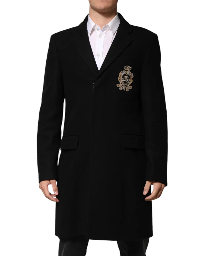 Dolce & Gabbana Men's Black Heraldic Patch Single Breasted Jacket Nylon Virgin Wool Clothing Black