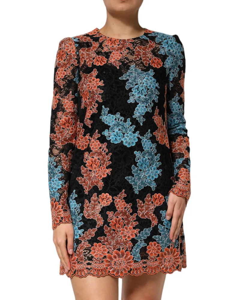 Dolce & Gabbana Women's Multicolor Floral Embroidery Shift Mini Dress Polyester Polyamide Viscose Black