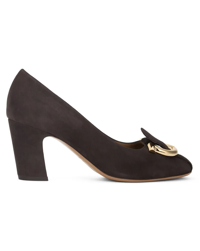 Ferragamo Women's Pumps Gancini Suede Dark Brown Goat Leather High Heel Shoes Brown