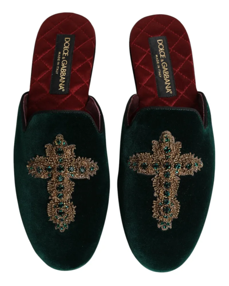 Dolce & Gabbana Men's Green Velvet Cross Embellished Slippers Shoes Green
