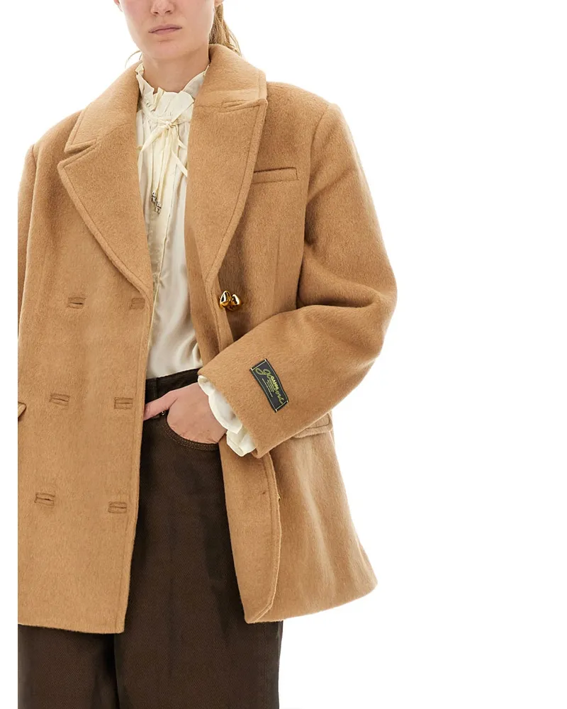 Ganni Double-Breasted Recycled Wool Blazer — Brown Brown
