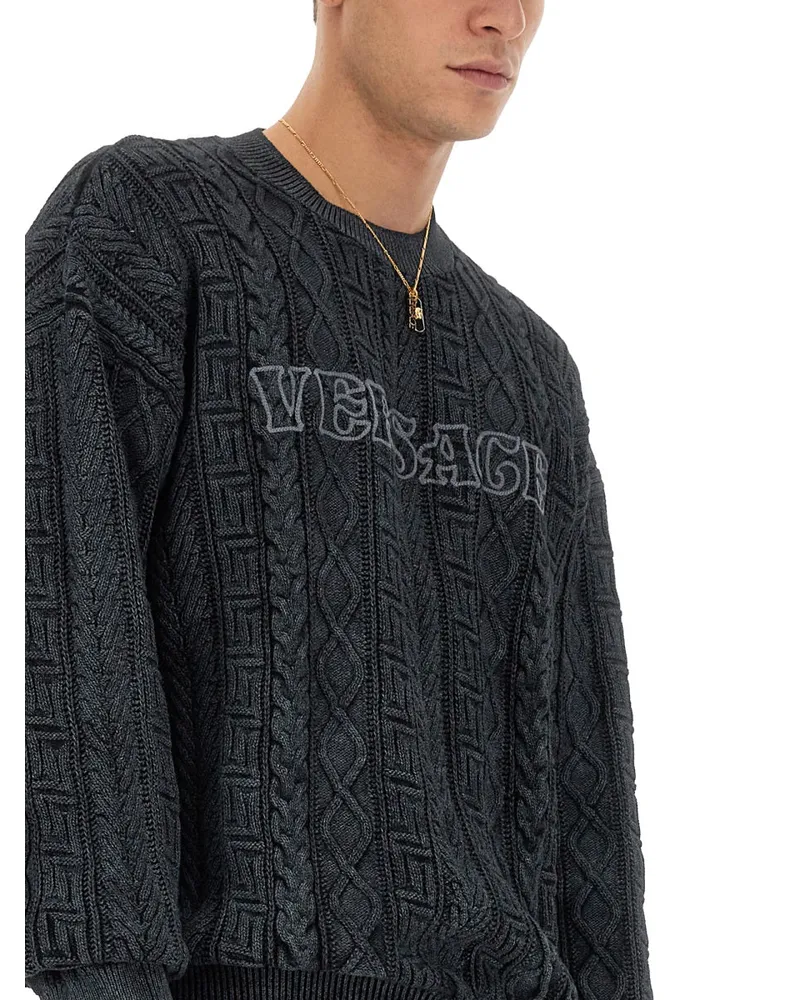 Versace Greek Braid Knit Cotton Sweater — Gray Gray