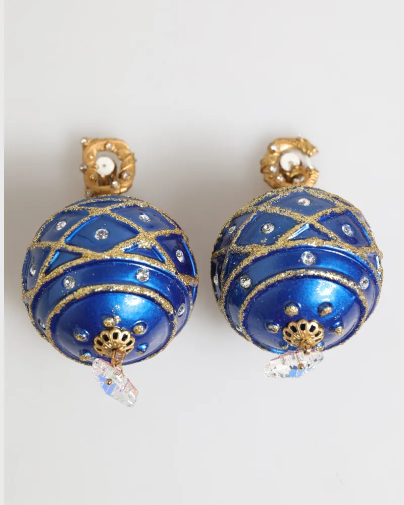 Dolce & Gabbana Women's Gold Brass Blue Christmas Ball Crystal Drop Clip On Earrings Blue