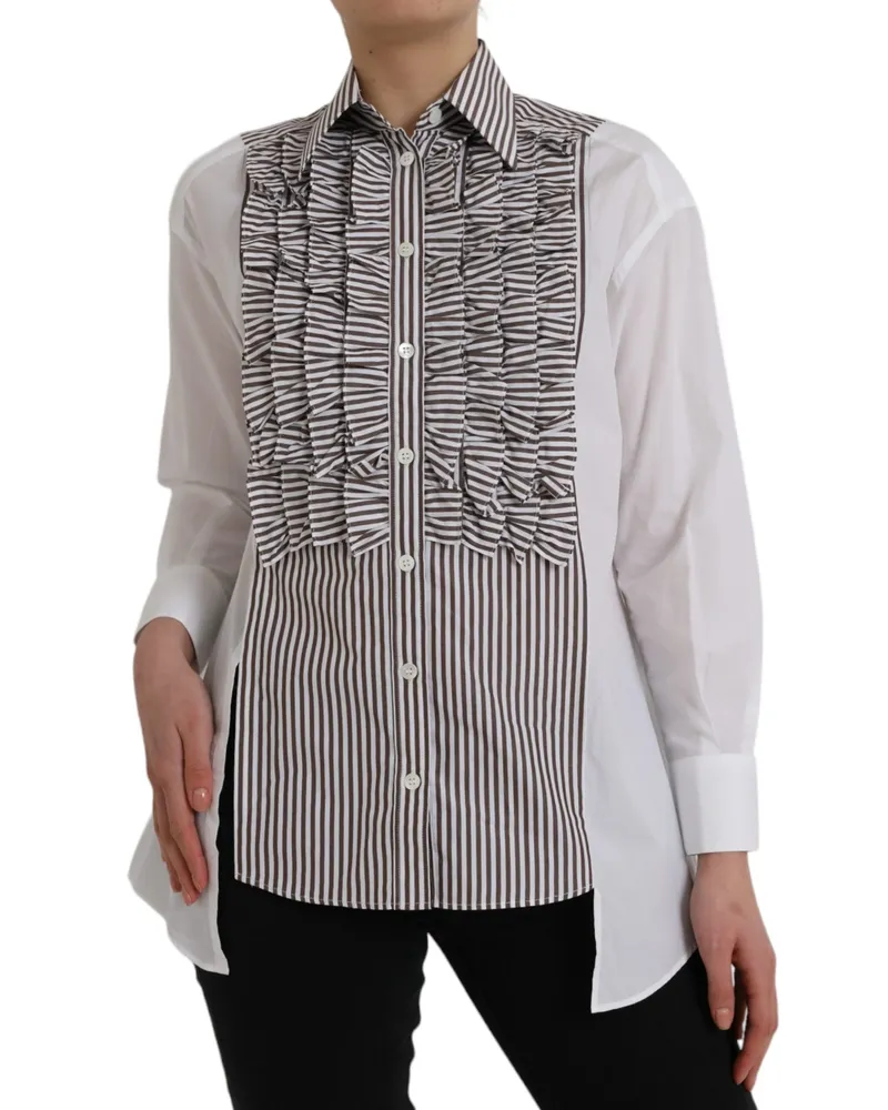 Dolce & Gabbana Women's White Stripes Cotton Long Sleeves Ruffle Collar Top White