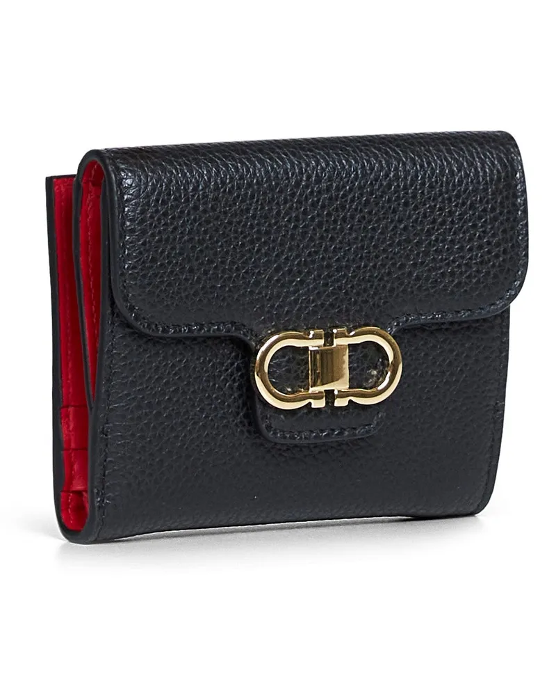 Ferragamo Women's Compact Wallet Hammered Calfskin Black Calf Leather & Purses Black