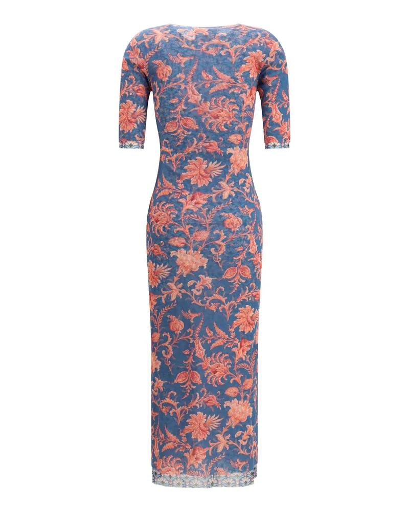Etro Women's Stretch Tulle Midi Dress With Floral Motif X0886 Polyamide Blue