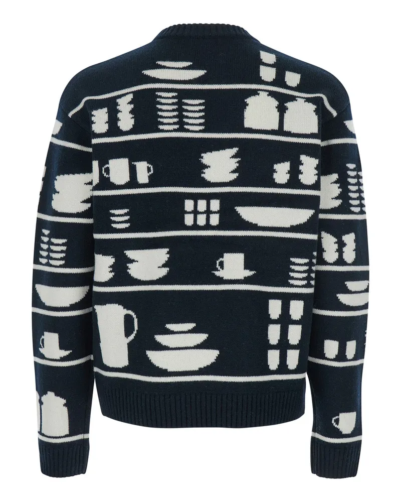 J.W.Anderson Men Black And White Crewneck Sweater With Tableware Motif White-Black Wool Tops White/black Top Black