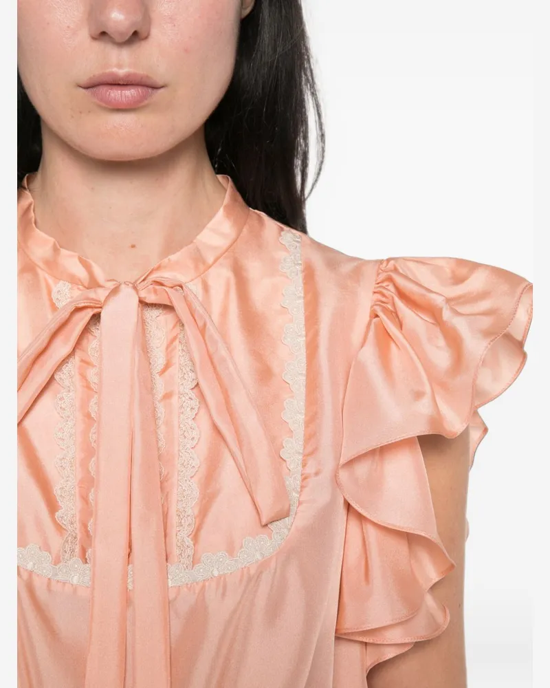 Chloé Pussy-Bow Silk with Ruffled Lace Blouse — Peach Peach