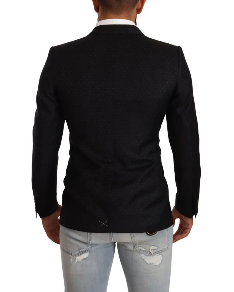 Dolce & Gabbana Men Black Dotted Double Breasted Martini Jacket Virgin Wool Clothing Black