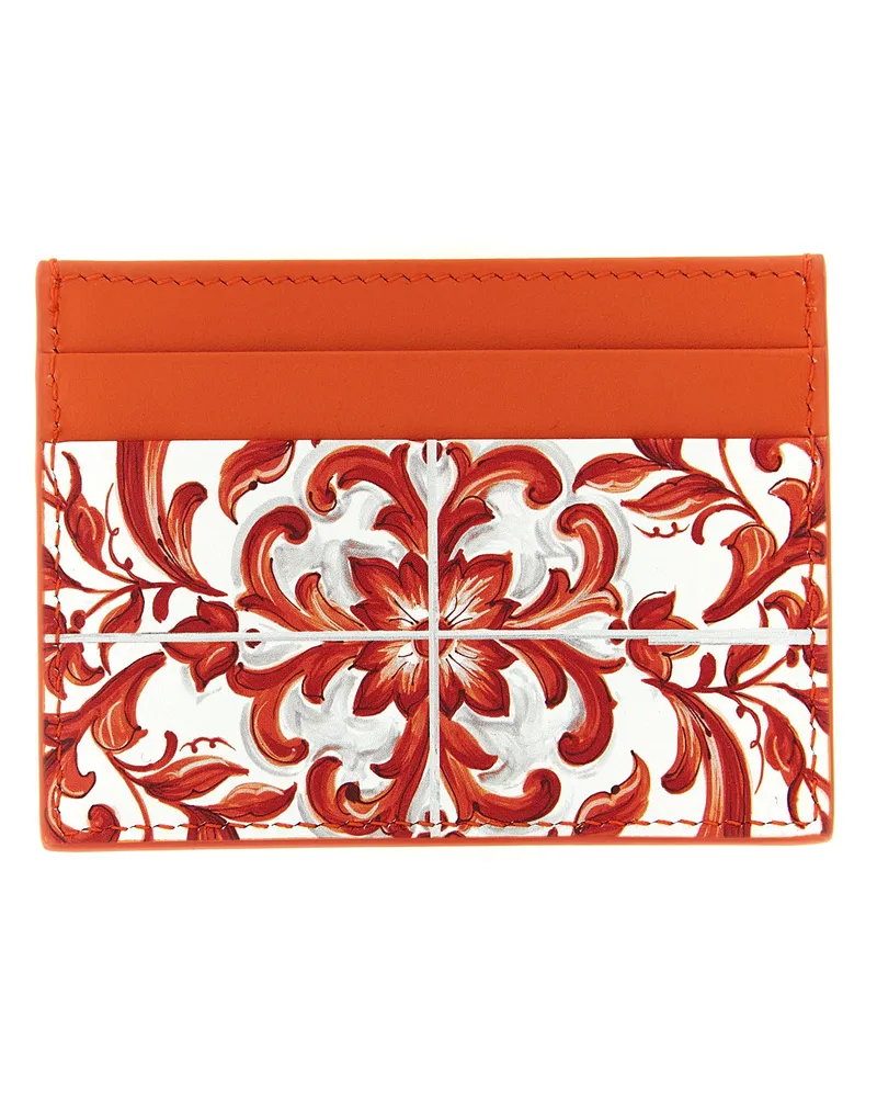 Dolce & Gabbana Maiolica Print Calf Leather Card Case — Orange Orange
