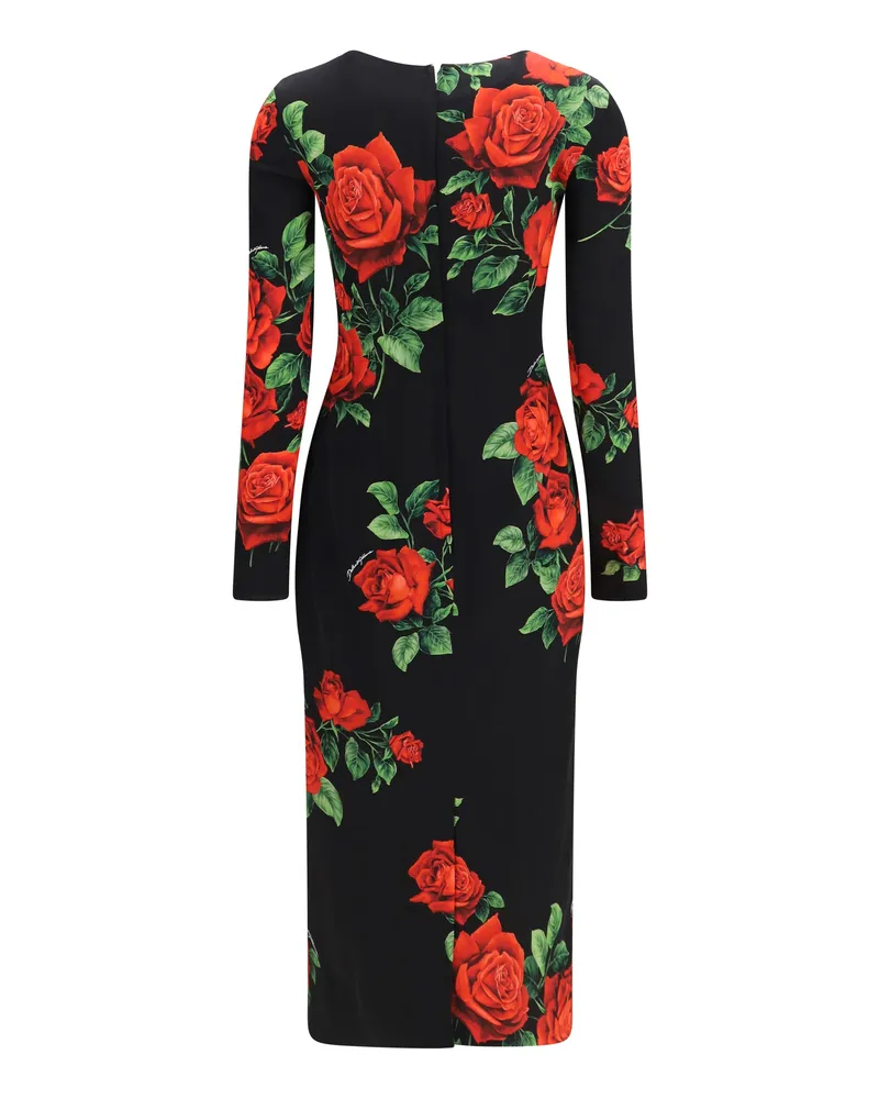Dolce & Gabbana Rose-Print Charmeuse Dress — Red Red