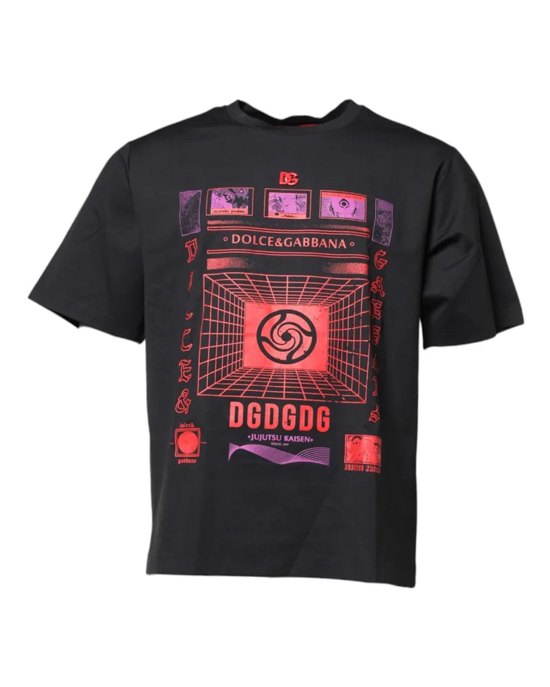 Dolce & Gabbana Men's Black Cotton Graphic Print Crew Neck T-Shirt Nylon Elastane Black