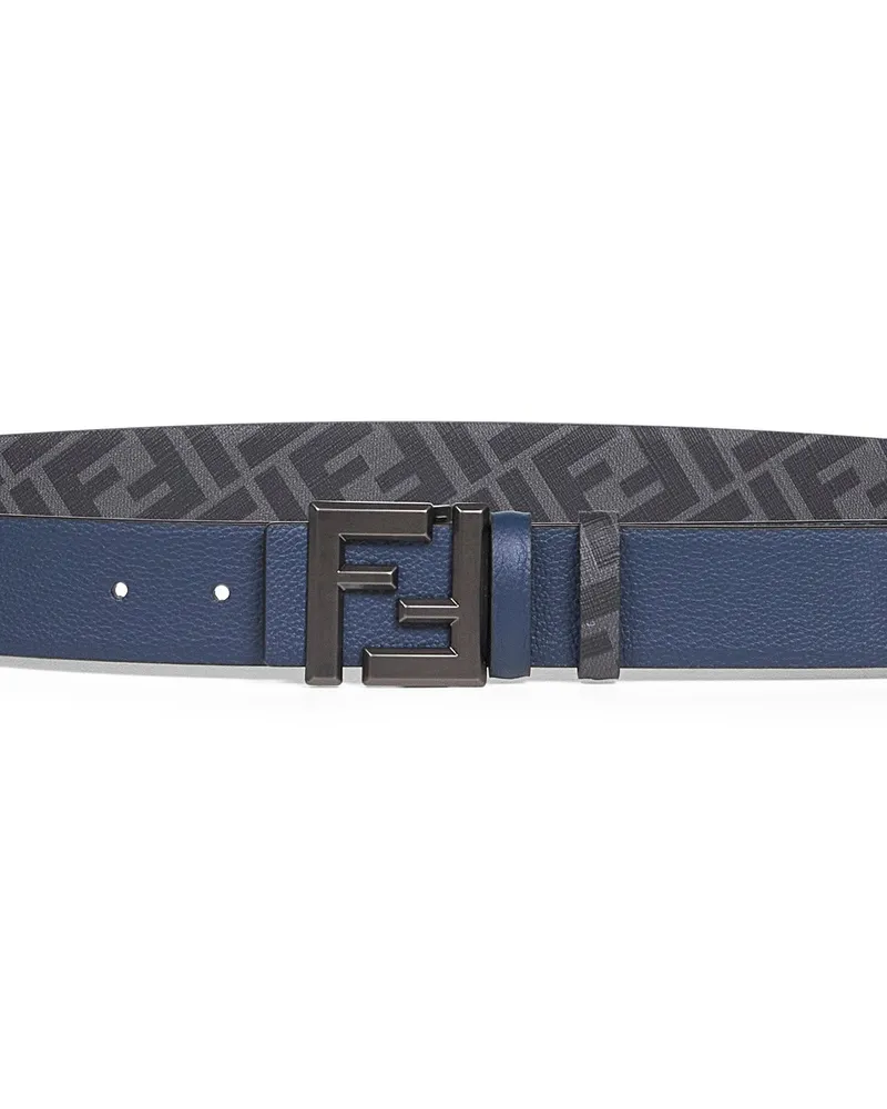 Fendi Men's Belt Squared Ff Reversible Leather-Canvas Blue Calf Leather Blue