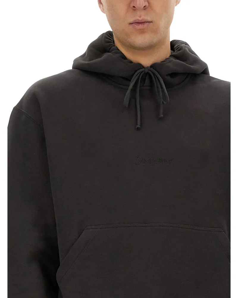 Saint Laurent Logo-Embroidered Cotton Hooded Sweatshirt — Gray Gray