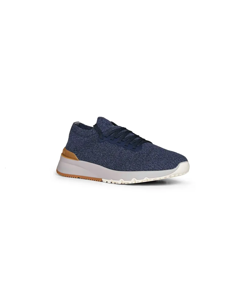 Brunello Cucinelli Men's Runners Denim Wool Knit Blue Calf Leather Trainers Sneaker Blue