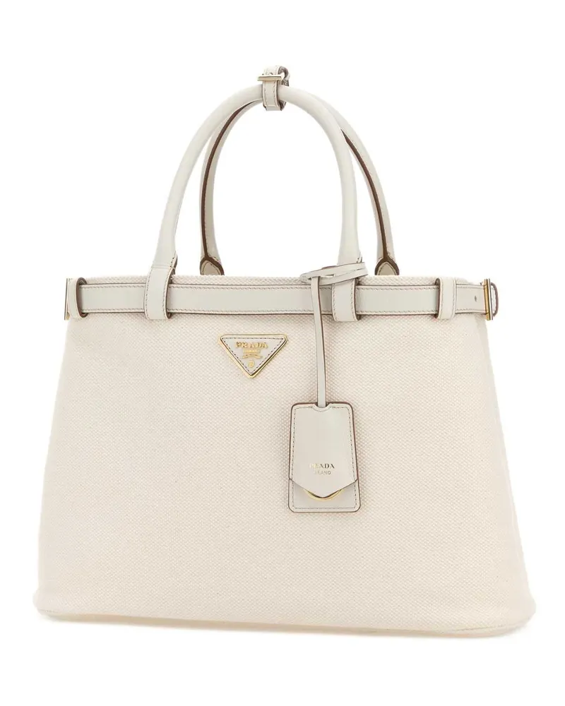 Prada Women's Ivory Canvas Shopping Bag Bianco Co-Calf Leather Borse A Mano White