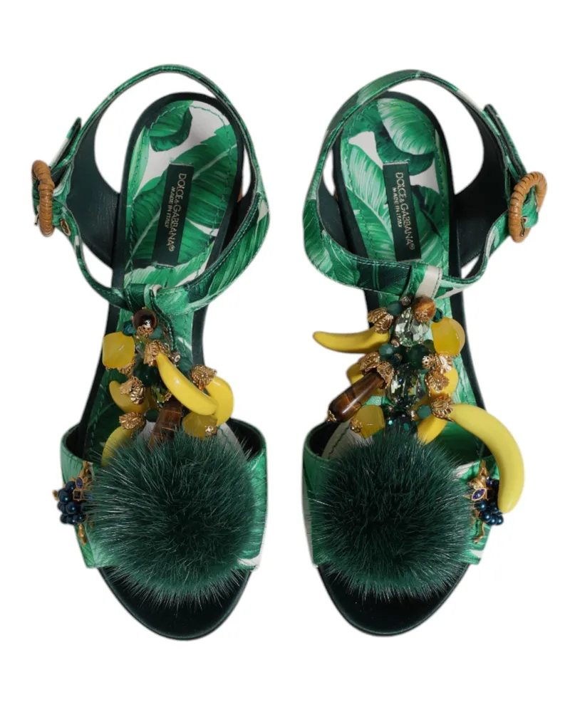 Dolce & Gabbana Women's Green Crystal Fur Embellished Sandals Shoes Silk Hay Mink Green